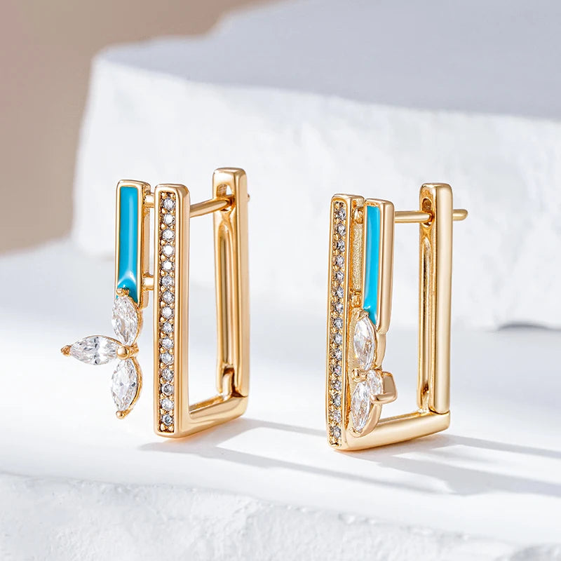 Women's Natural Zircon585 Rose Gold Colour Blue Enamel Drop Earrings