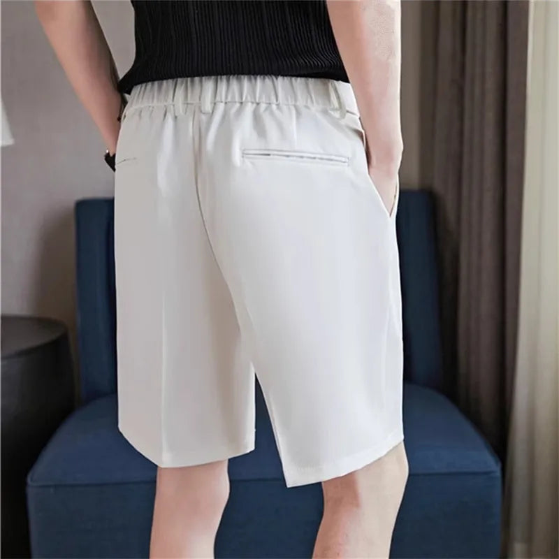 Men's Elastic Waist Suit Shorts - Slim Fit Casual Knee Length