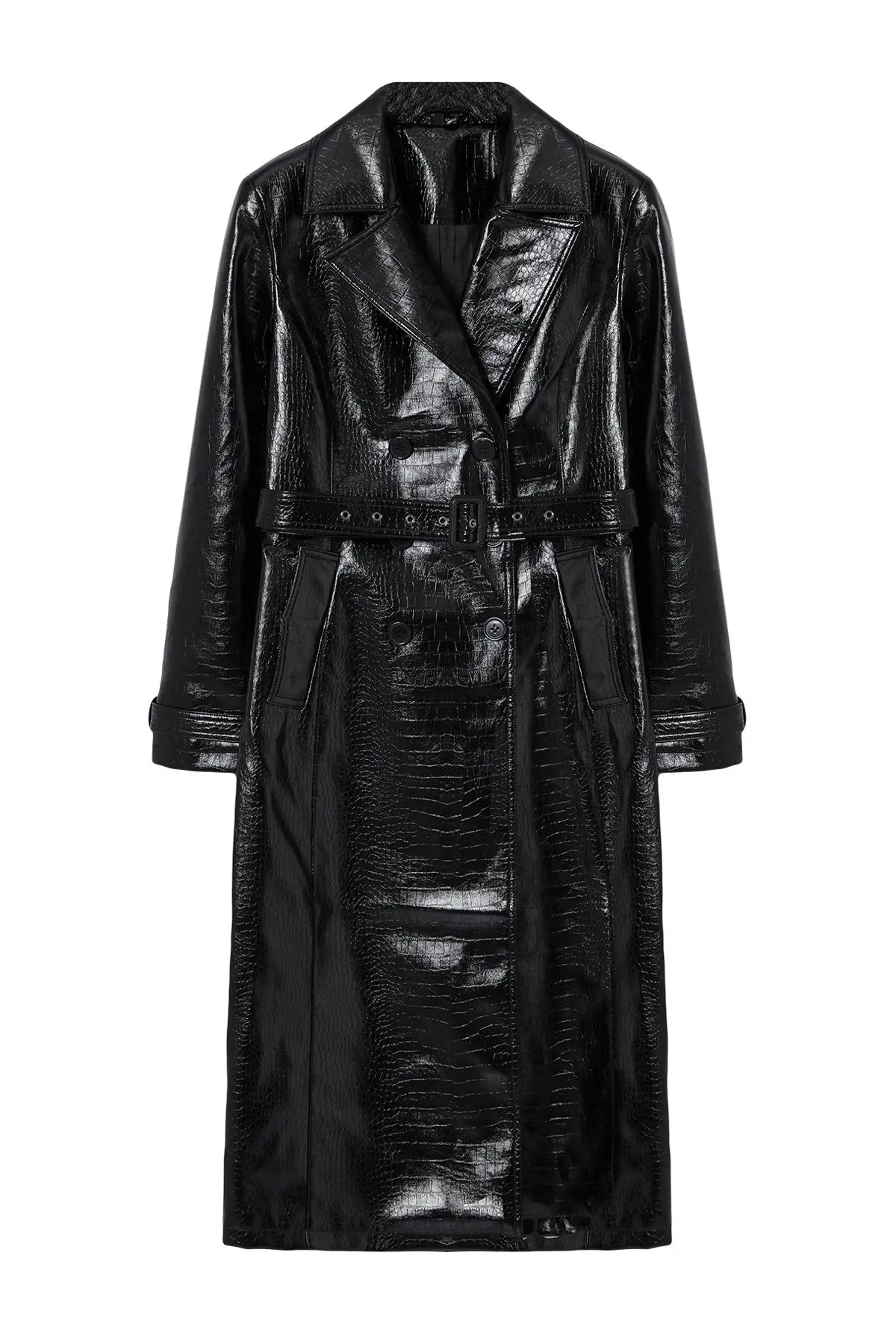 Women's Faux leather long Trench Belted,Regular fit Coat  Jacket