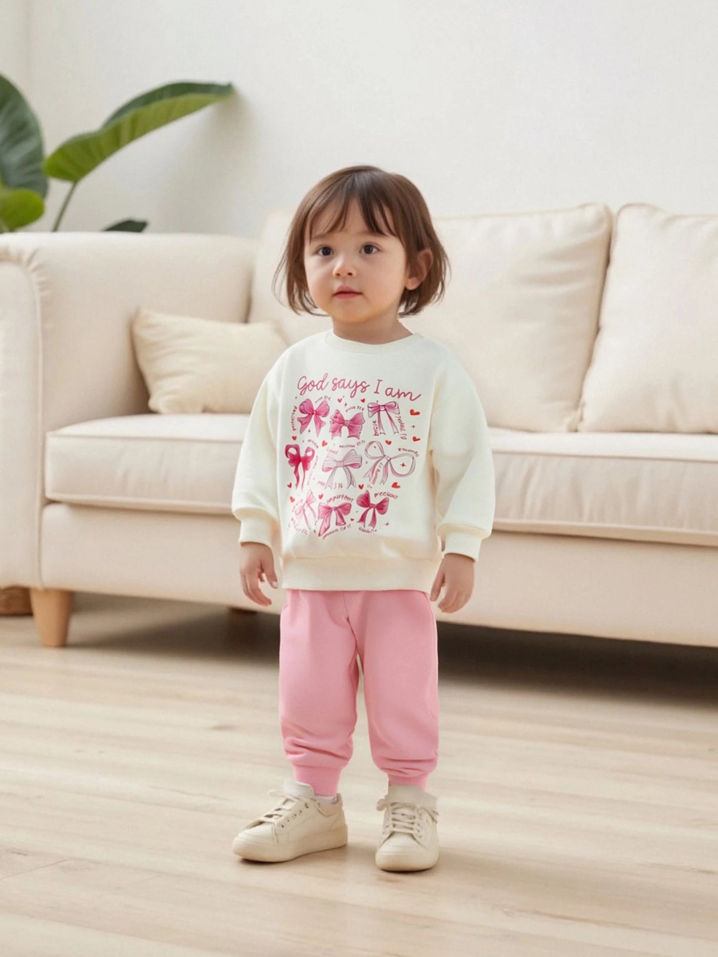 Baby Girls Fall Winter Clothes Set - Bow Letter Print Sweatshirt & Pants (0-3Y)