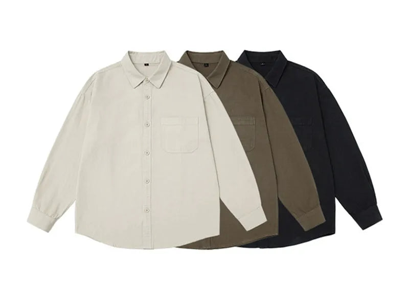 Men's Cotton Casual Spring Autumn Long Sleeve Canvas Loose Turn Down Collar Shirt