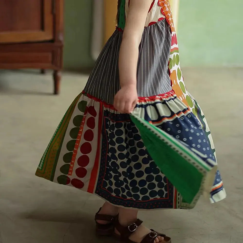 Girls' Dress Summer Children's Round Neck Sleeveless Geometric Multicolour Comfortable Casual Dress
