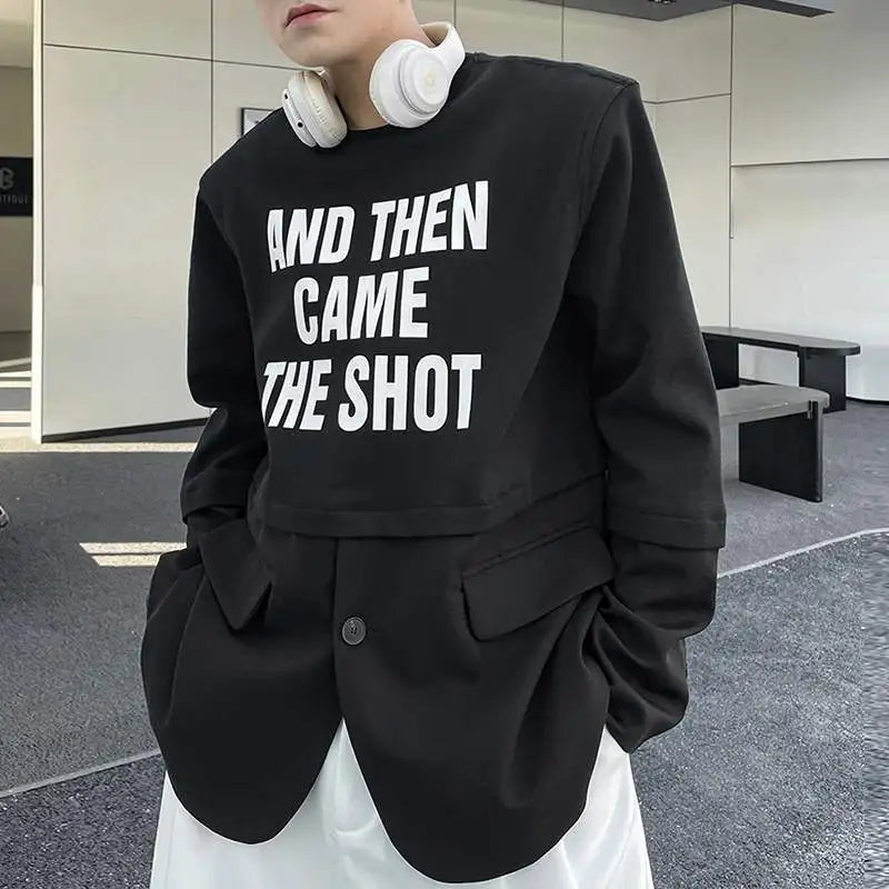 Men's T Shirt Printing Patchwork Round-neck Long Sleeve Jacket Style Top