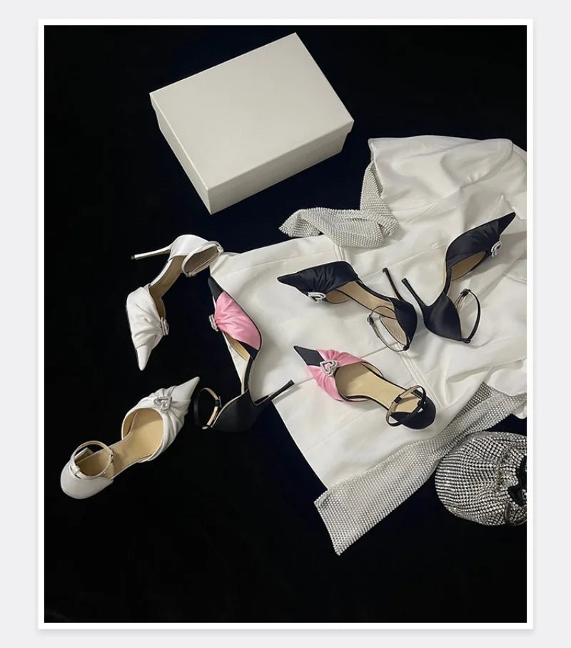 Women's Rhinestone Bowknot Satin Pointed Heel Sandals - Bridesmaid Party Shoes