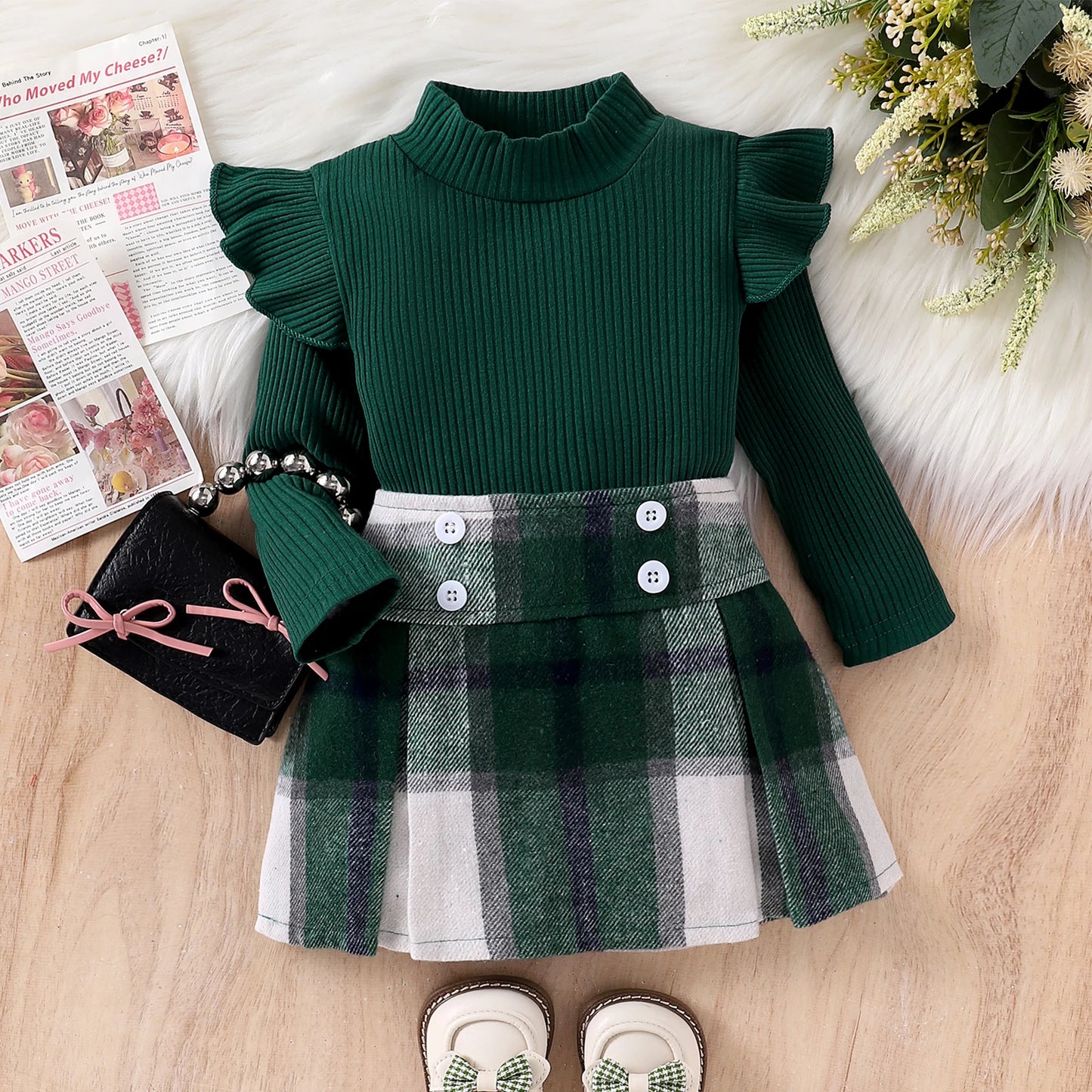 Little Girl Fall Clothes Set - Ruffle Long Sleeve Ribbed Top & Plaid A-Line Skirt