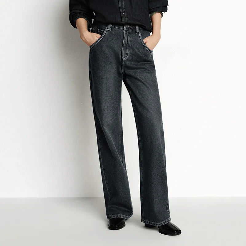 Wide Leg Fleece Lined High Waist Jeans - Women's Floor-Length Winter Denim