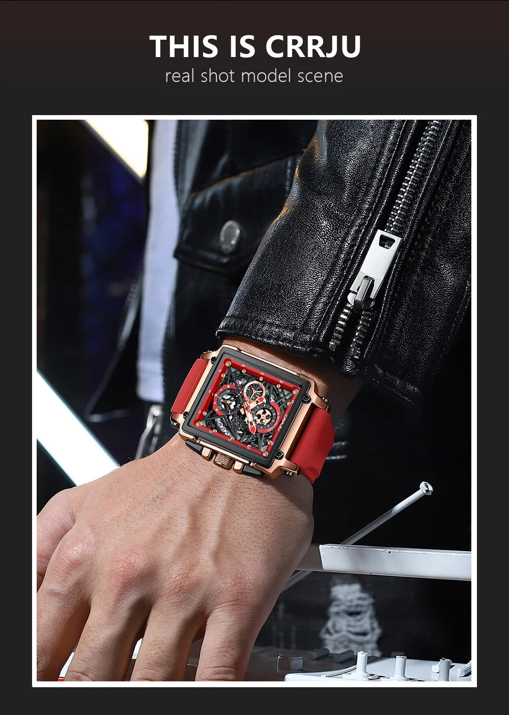 Men's Sports Watch - Large Dial Rectangular Design with Chronograph & Auto Date