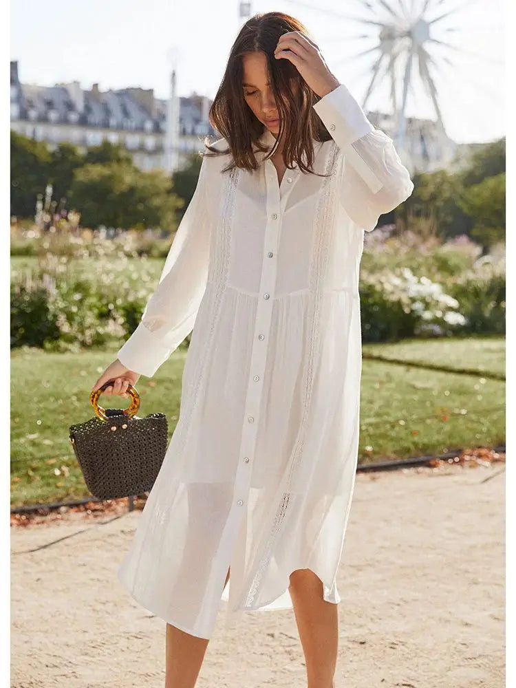 Bikini Cover-Ups Elegant Hollow Out Deep V-neck Summer Beach Dress Cotton Tunic Women's Beachwear Swimsuit Cover Up