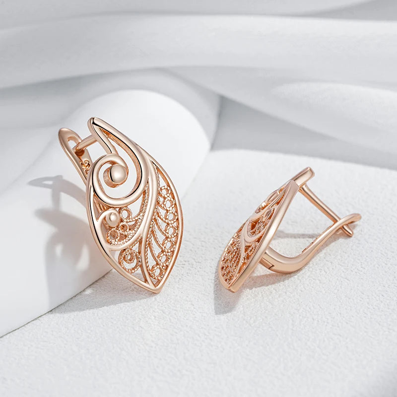 Women's Glossy 585 Rose Gold Colour Ethnic Bridal Unusual Hollow Flower Drop Earrings