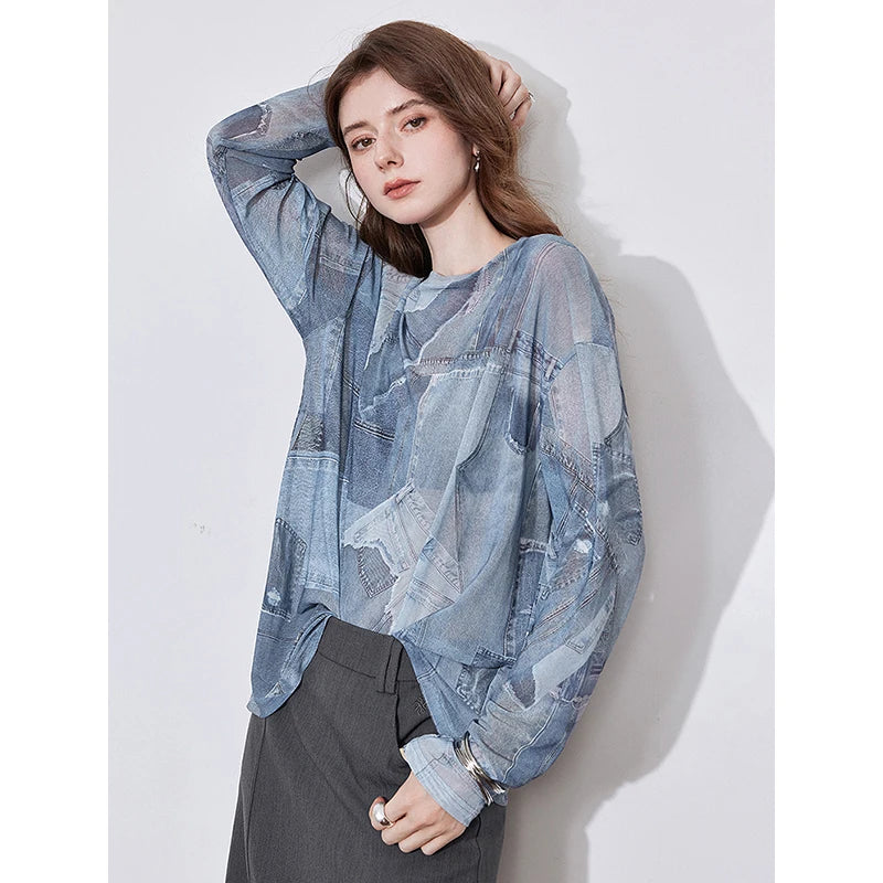 Women's Long Sleeve Denim Printed Round Neck See-through Undercover Skin T Shirt