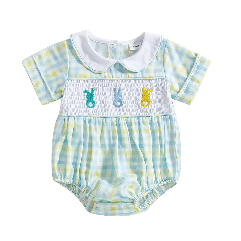 Baby Easter Romper with Bunny Embroidery - Smocked Doll Collar Bodysuit (Unisex)
