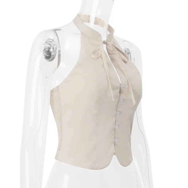 Women's Vintage Button Vest Crop Top - Y2K Tie Front Backless Sleeveless Top