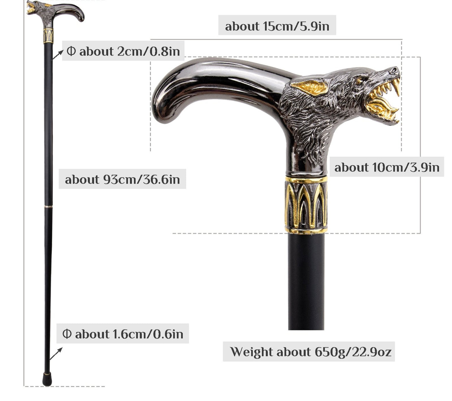 Golden Black Wolf Head Biting Walking Cane  93cm