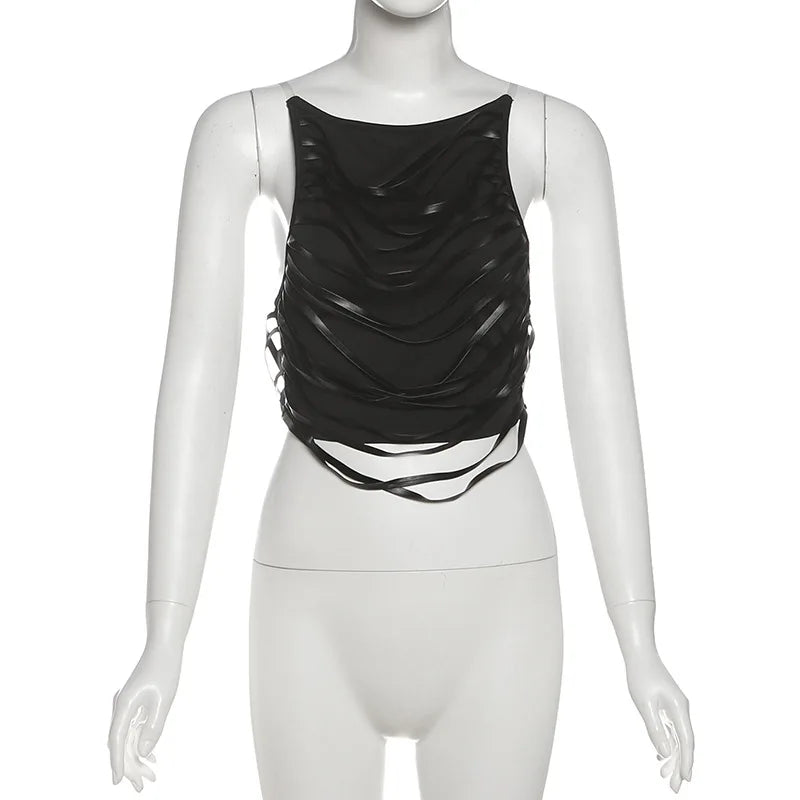 Fringe Backless Crop Top - Y2K Gothic Festival Vest