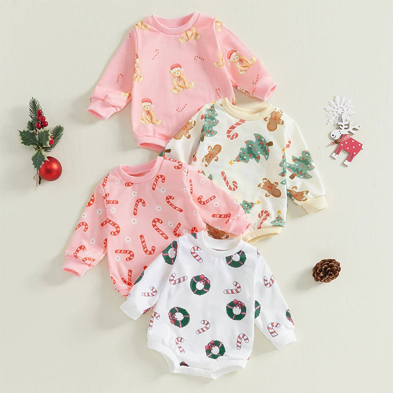 Christmas Candy Cane and Tree Print Romper - Baby Boys Girls Jumpsuit