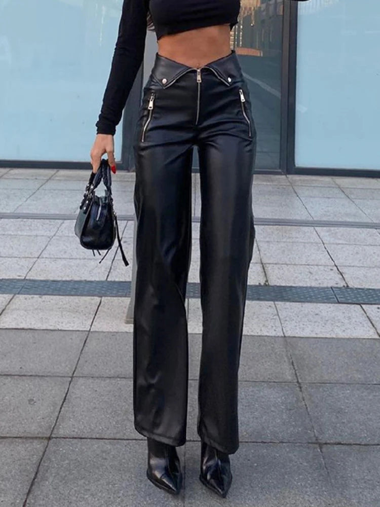 Women's PU Leather Zip Up High Rise Chic Straight Leg Trousers