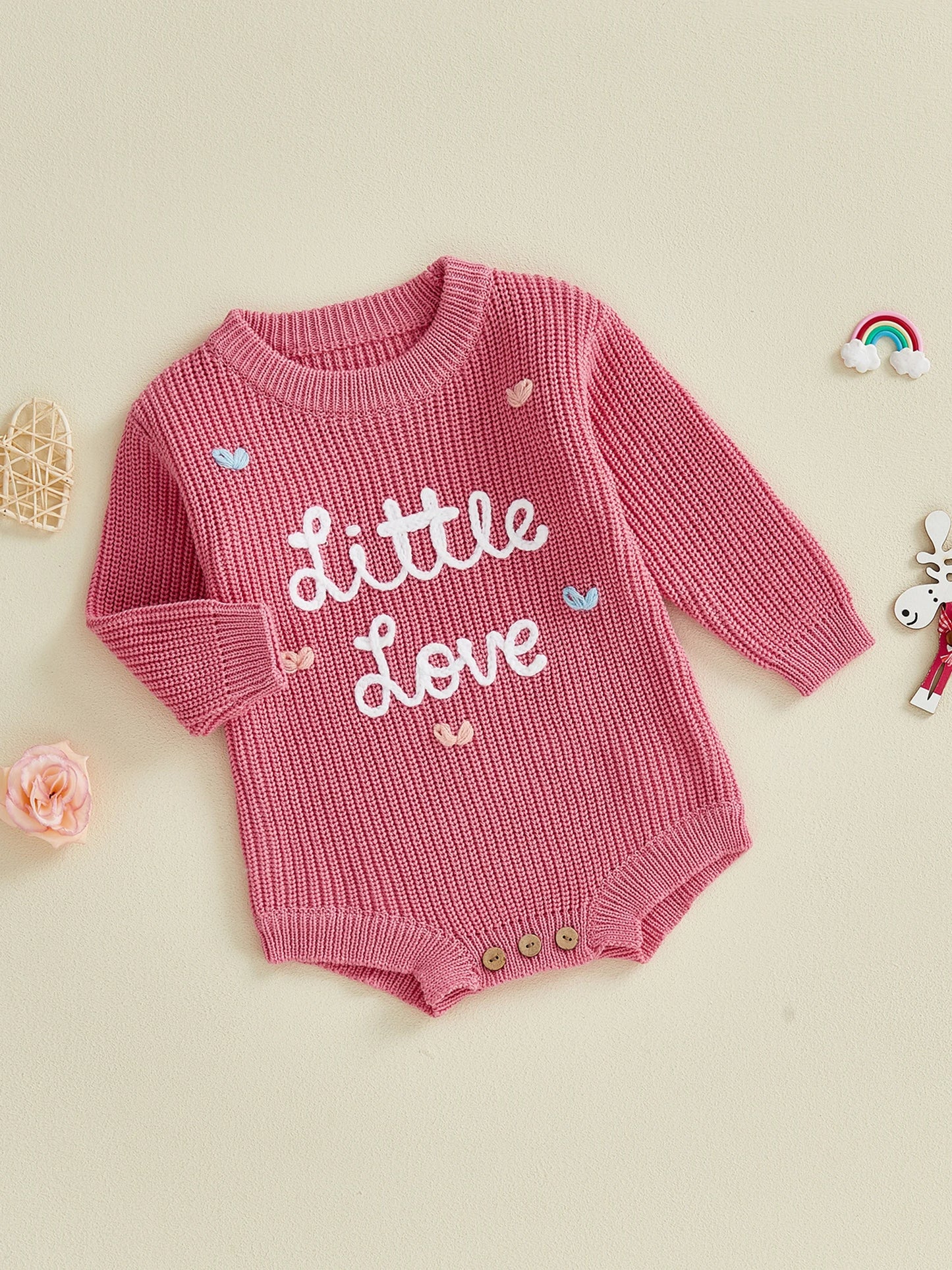 Valentine's Day Baby Knit Romper - Long Sleeve Heart Embroidery Jumpsuit