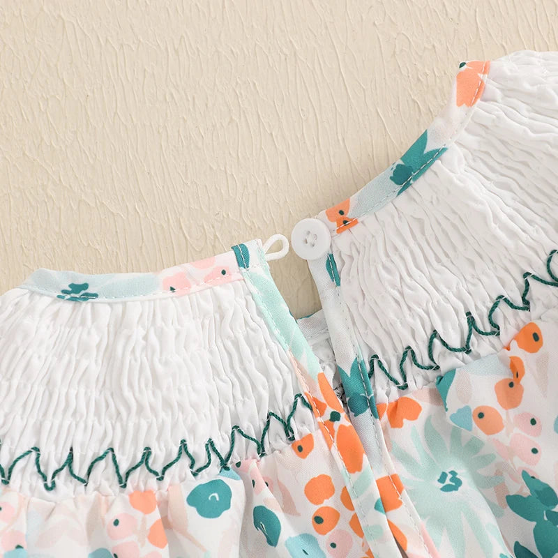 Baby Girls Floral Letter Embroidery Romper - Smocked Short Sleeve Playsuit (0-12M)