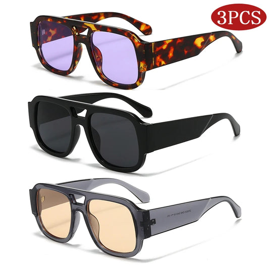 Retro Square Sunglasses - 3 Pack Large Frame Double Bridge Candy Color Eyewear