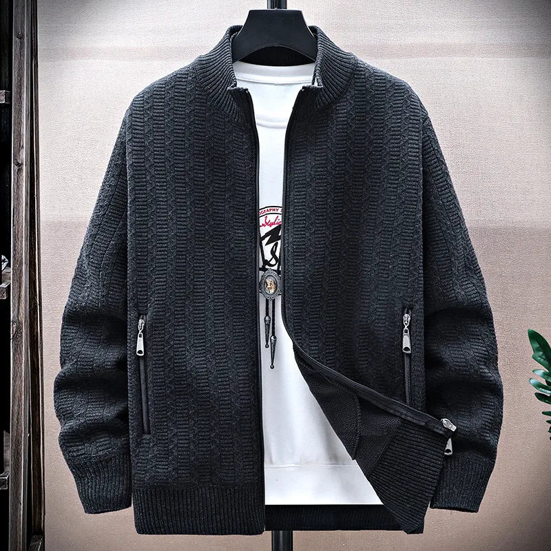 Men's Fleece Stand Collar Cardigan - Thick Knit Sweatercoat for Autumn Winter