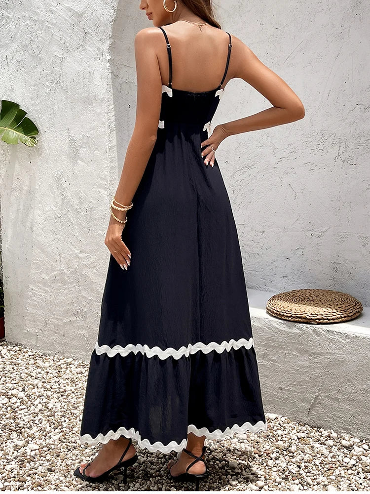 Elegant Ice Silk Spaghetti Strap Maxi Dress Round Neck Sleeveless Flower Trim A-Line Dress