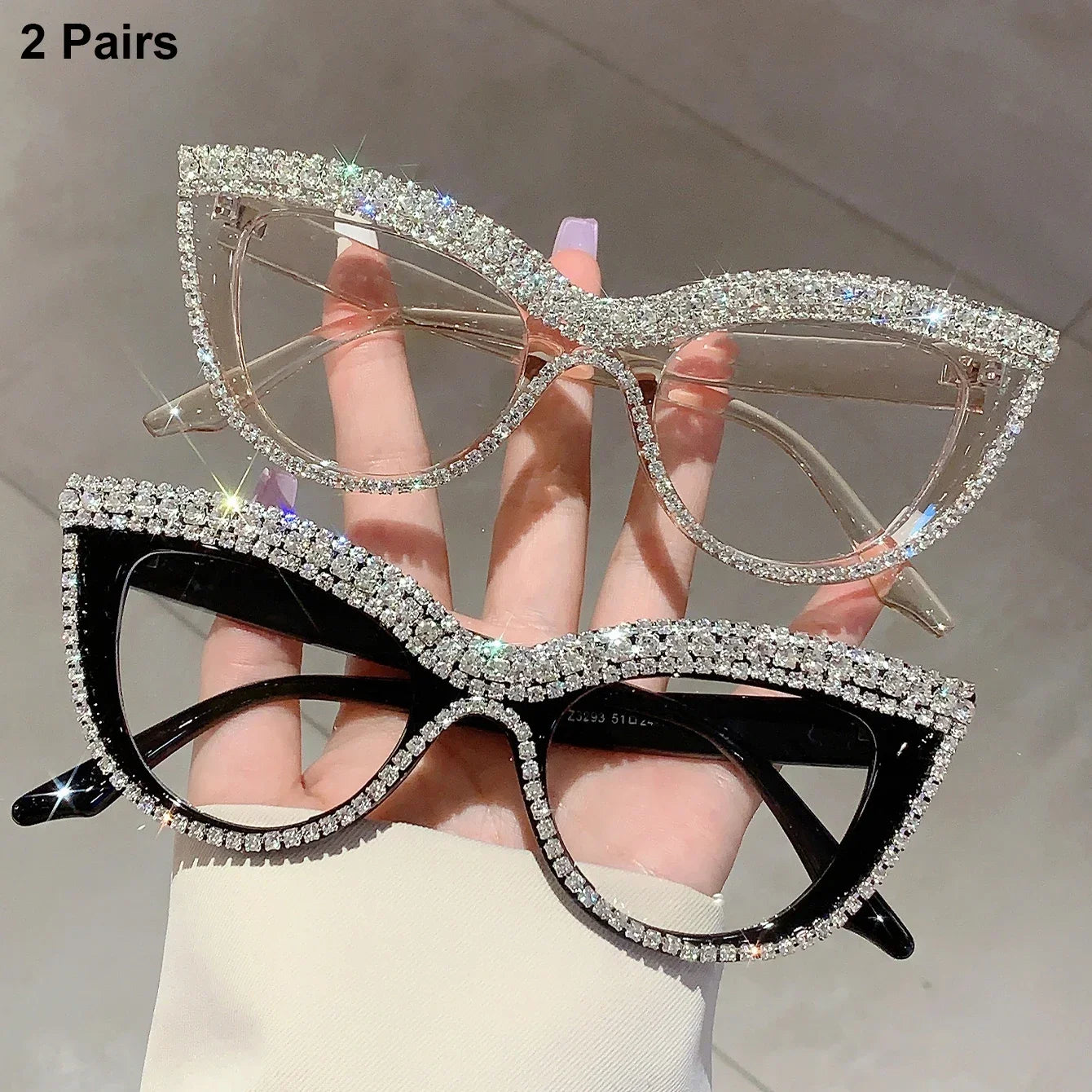 Women's 2 Pairs Per Set Cat Eye Glasses with Rhinestones Optical Frames Trendy Chic Casual Decor Eyeglasses