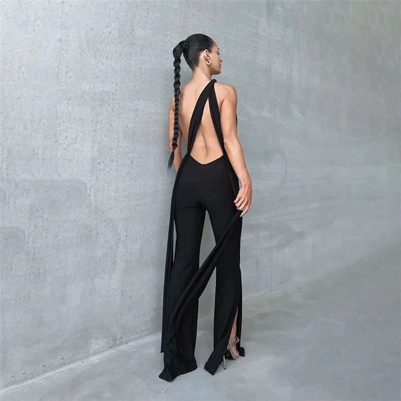 Women's Deep V Wrap Around Halter Backless Flare Pants Jumpsuit -  One-Piece Rompers Overalls