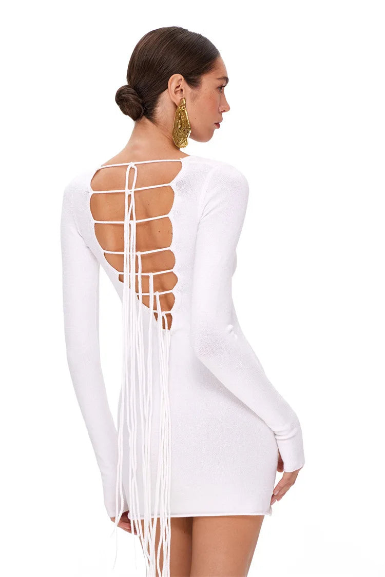 Women's Backless Bandage Mini Dress Outfit - Knitted Long Sleeve Bodycon Lace Up Dress