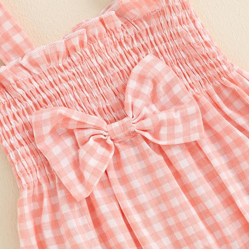 0-18M Baby Girls Summer Romper Outfits Fly Sleeve Plaid Print Ruffles Bowknot Jumpsuits with Headband