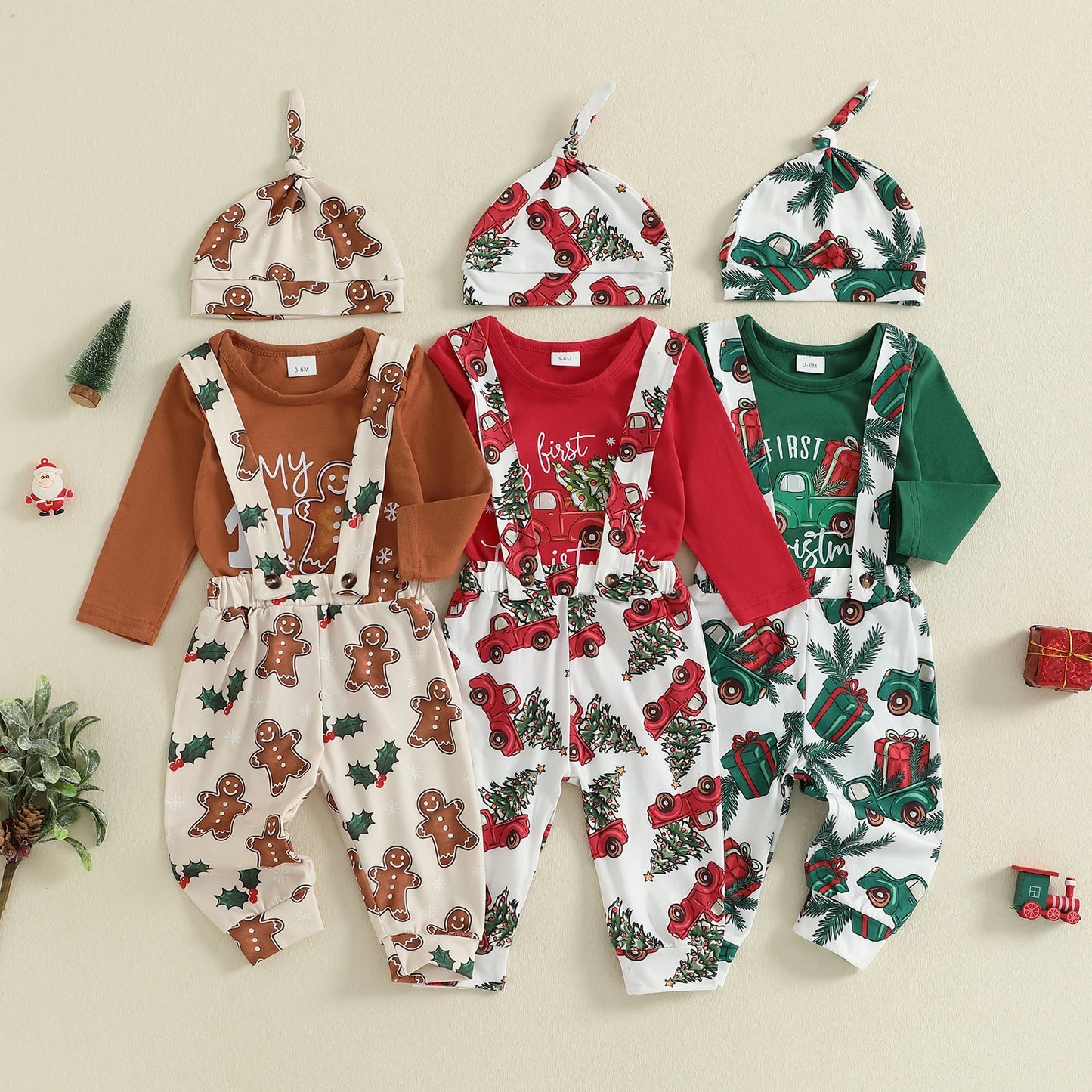Christmas Baby Boys 3-Piece Outfit Set - Printed Romper, Overalls & Hat (0-18M)