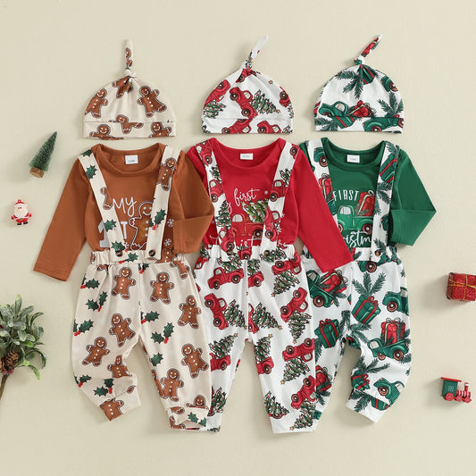 Christmas Baby Boys 3-Piece Outfit Set - Printed Romper, Overalls & Hat (0-18M)