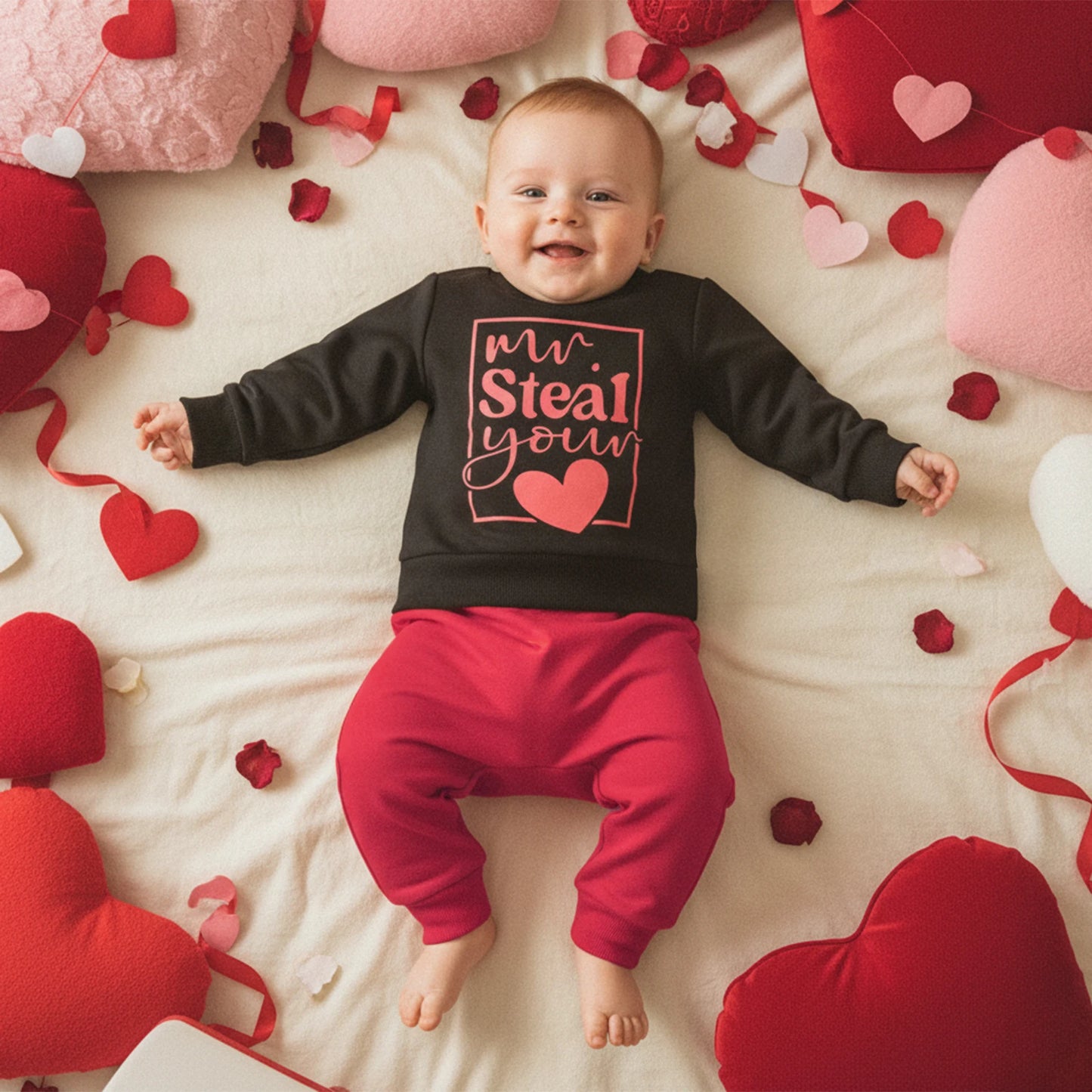 Baby Boys Valentine's Day Outfit Set - Heart Print Sweatshirt & Pants