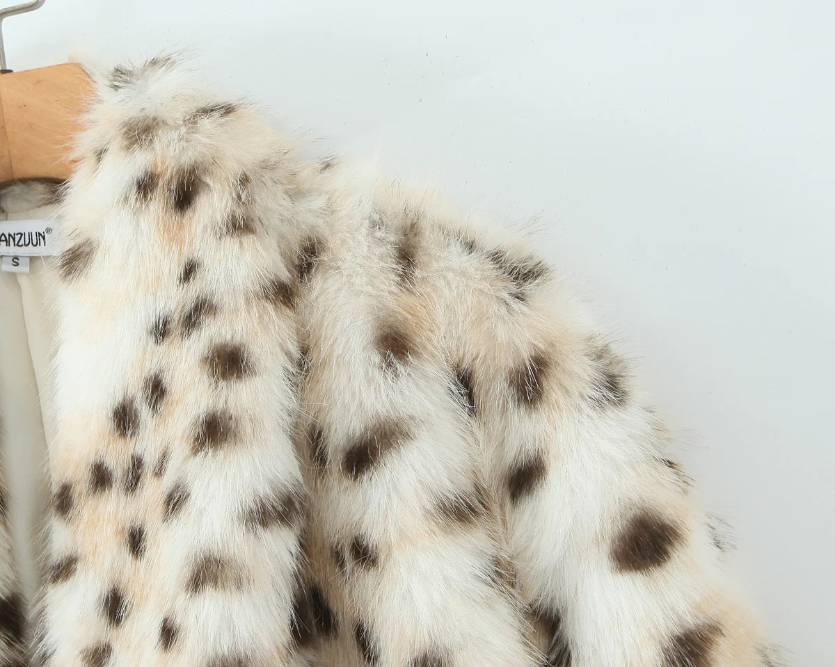 Faux Fur Leopard Print Long Coat - Long Sleeve Loose Warm Winter Outerwear