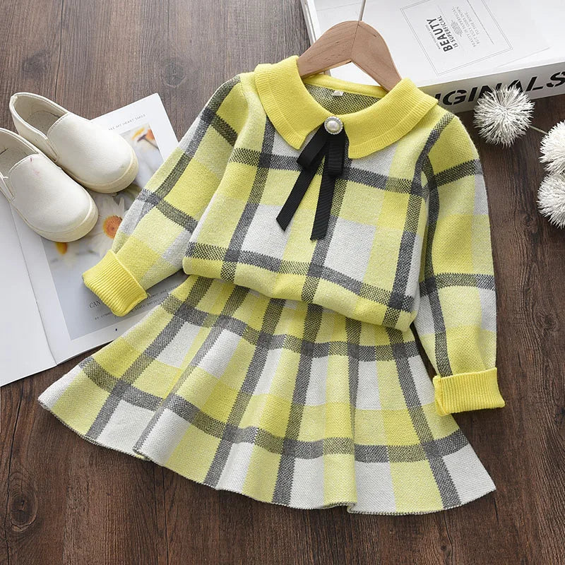 Girls' Knitted Embroidery Sweater & Skirt Set – Autumn Winter 2-Piece Outfit