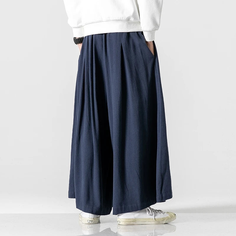 Men's Loose Wide Leg Cotton Linen Trousers with Elastic Waist