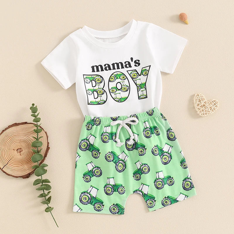 0-3Y Summer Casual Baby Boys Clothes Set 2pcs Short Sleeve Letters Print T-shirt with Tractor Shorts Outfit