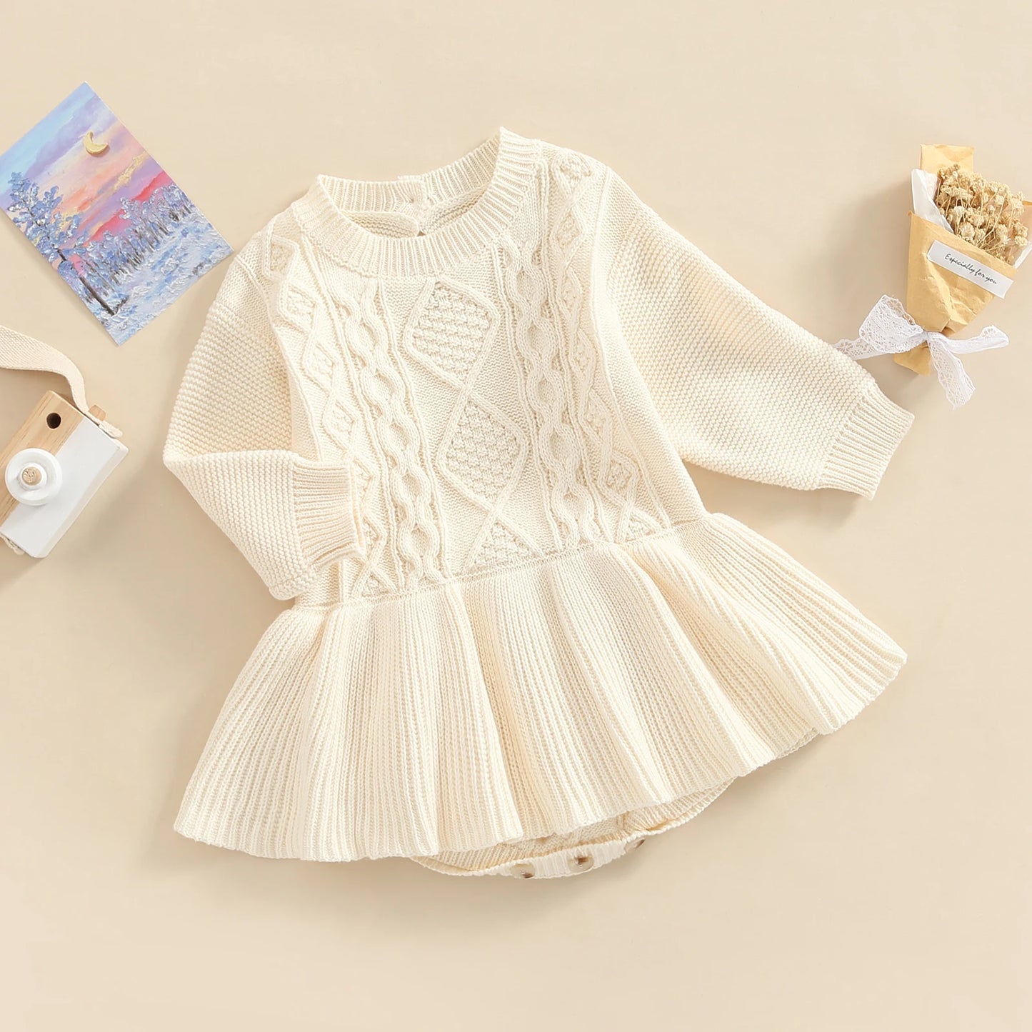 Girls 0-24M Knitted Sweater Romper Dress - Long Sleeve Solid Button Jumpsuit