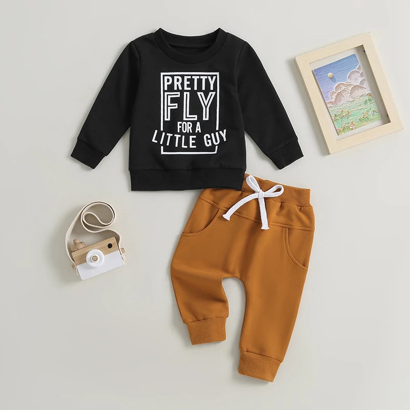 Infant Baby Boys Clothes Set 0-3Y Long Sleeve Letters Print Sweatshirt with Elastic Waist Solid Trousers