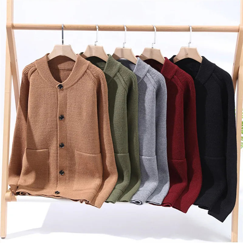 Men's Autumn Winter O-Neck Cardigan - Solid Colour Knit Sweater Coat