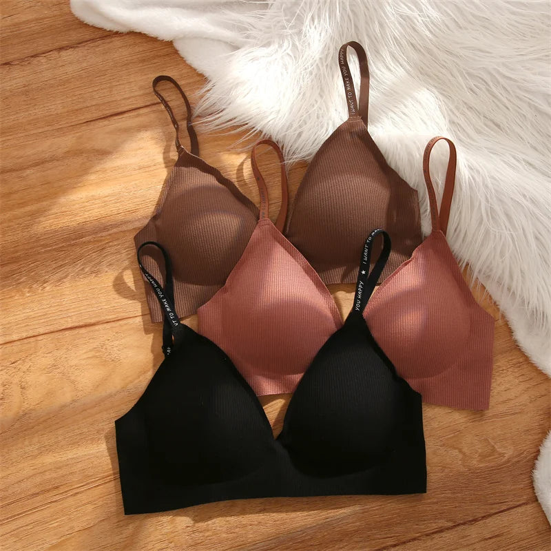 Women's 3/5Pcs/set Wireless Bra Deep V Padded Bralette Stripe Knitting Bras