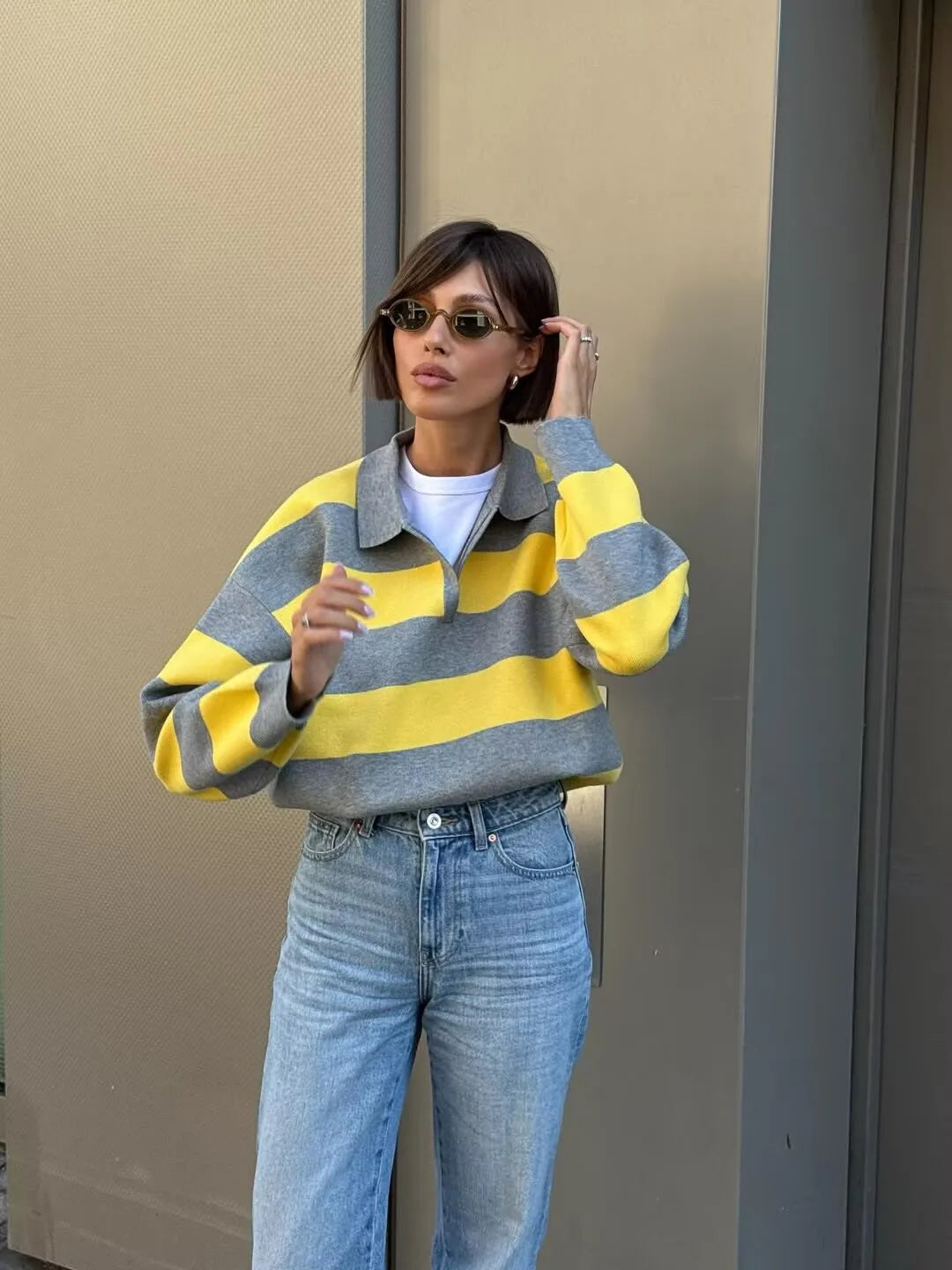 Striped Knit Polo Neck Sweater