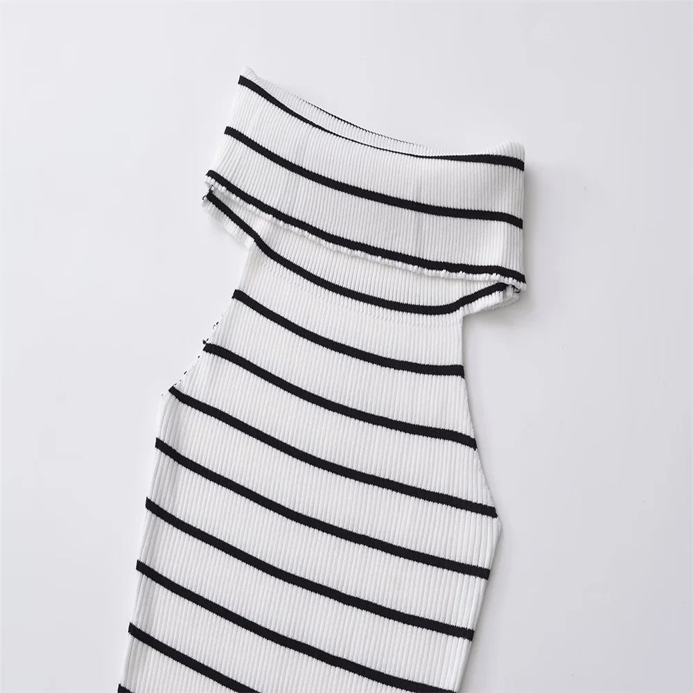 Women's Casual Versatile Slim Fit Off Shoulder Knitted Stripe Dress