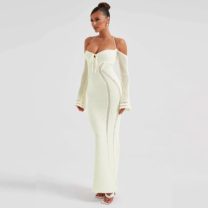 Women's Off Shoulder Halter Knit Dress - Long Sleeve Elegant Backless Tie Front Maxi Dress