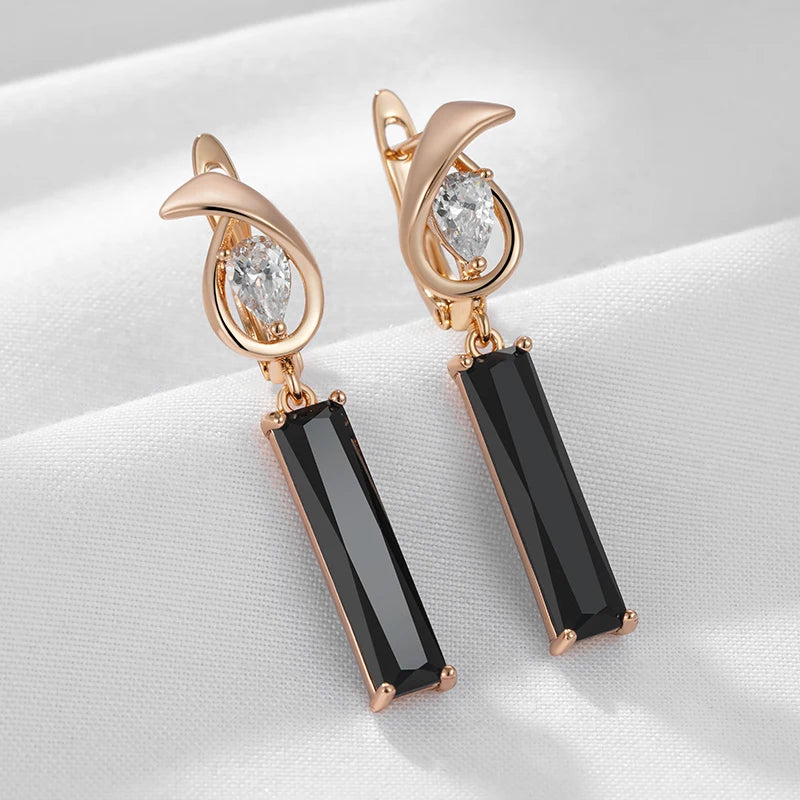 Simple Long Square Black Natural Zircon Drop Earrings For Women 585 Rose Gold Colour