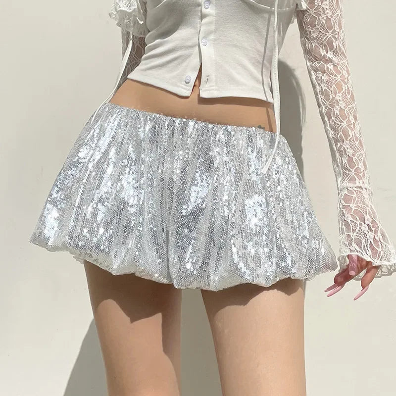 Women's Sequins Folds Low Waist Mini Skirt