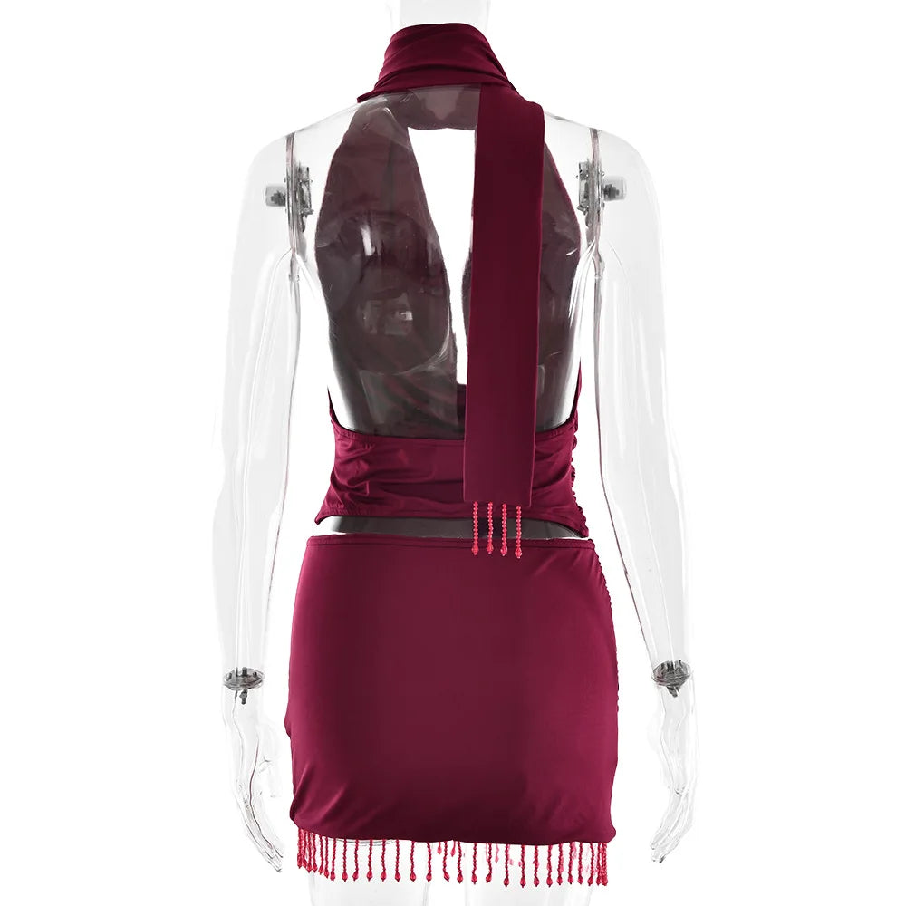 Women's Elegant Ruched Draped Halter 2 Piece Set - Top & Mini Skirt