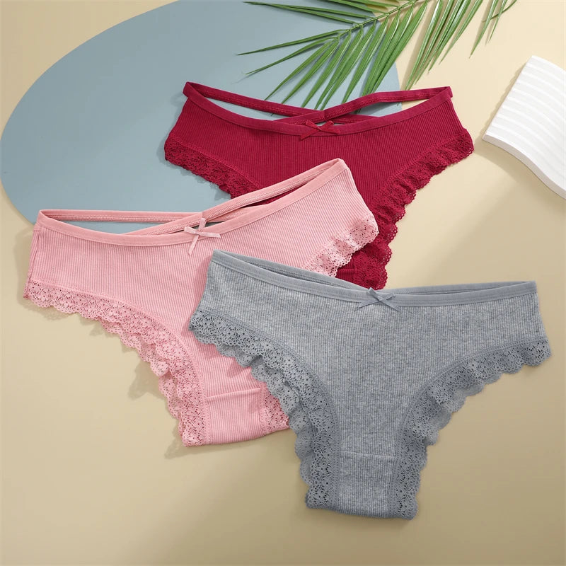 Women's Cotton Panties - 2 Pack Lace Brazilian Briefs Low-Waist