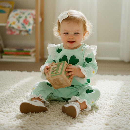 Baby Girls Boys Shamrock Print Romper - Long Sleeve Full Length Jumpsuit 0-18M