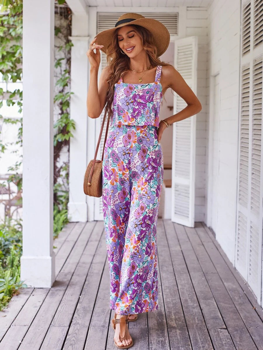 Women Elegant Long Jumpsuit - Backless Wide Leg Jumpsuits Casual Sleeveless Floral Summer Jumpsuit