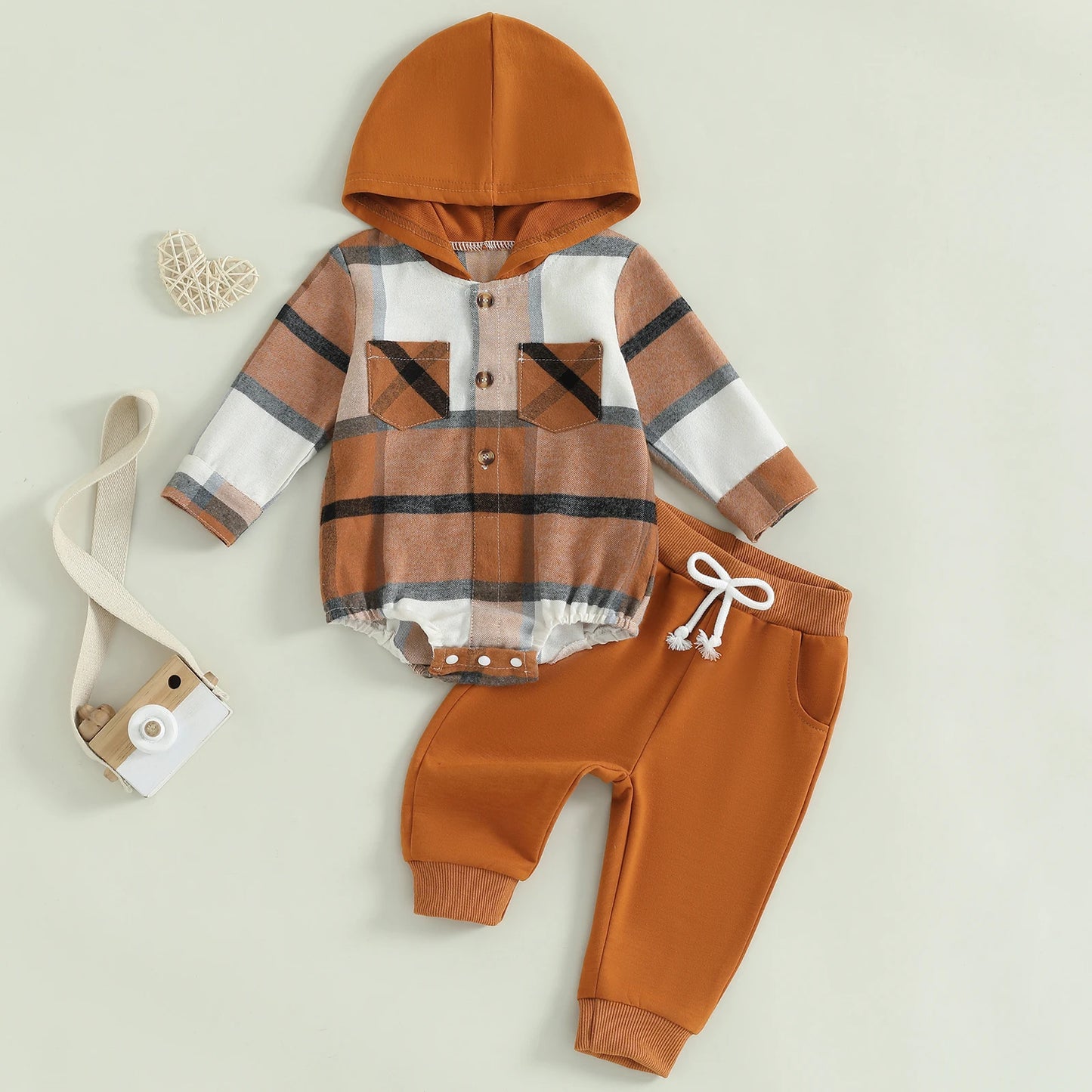 0-24M Baby Boys 2-Piece Clothing Set - Long Sleeve Plaid Hooded Romper with Pants